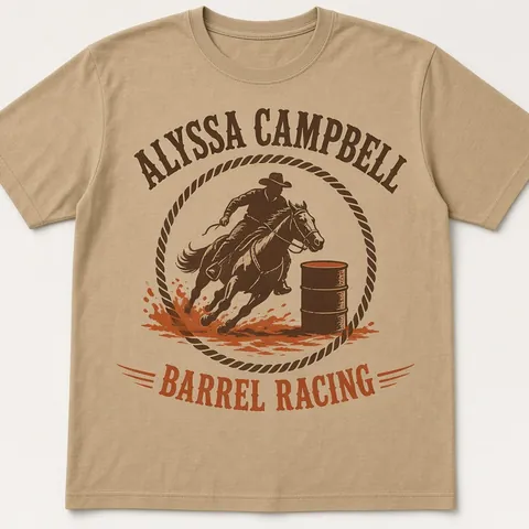 Tan T-shirt with a rodeo-badge design reading Alyssa Campbell Barrel Racing